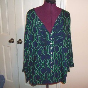 ESCAPADA WOMAN'S SIZE 3X BLOUSE PLEATS LONG SLEEVES EMERALD NAVY MOROCCO PLUS